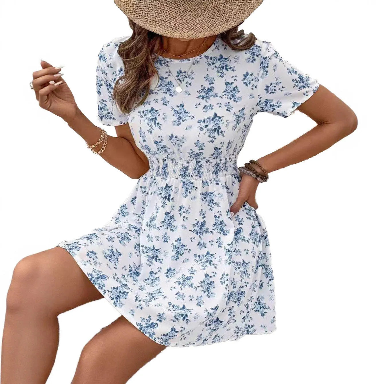 Light blue women's A-line dress with fitted waist and regular sleeves