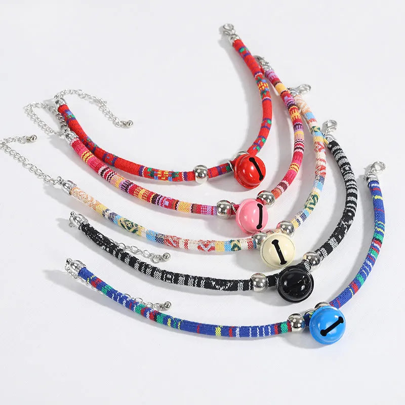 Ethnic style adjustable pet collar with bell in multiple colour options for cats and small dogs