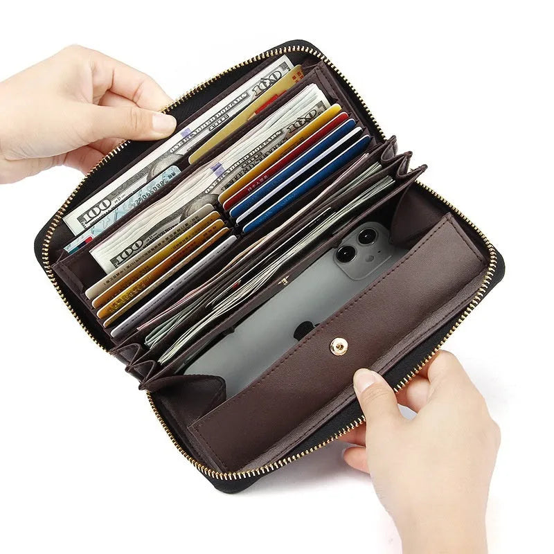 Genuine leather long wallet for women in choice of solid colours, showing large capacity design