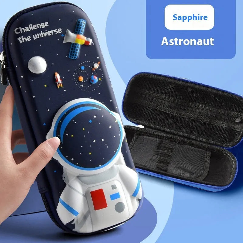 3D leather pencil case with zipper closure showing character design options including astronauts, unicorns, and mermaids