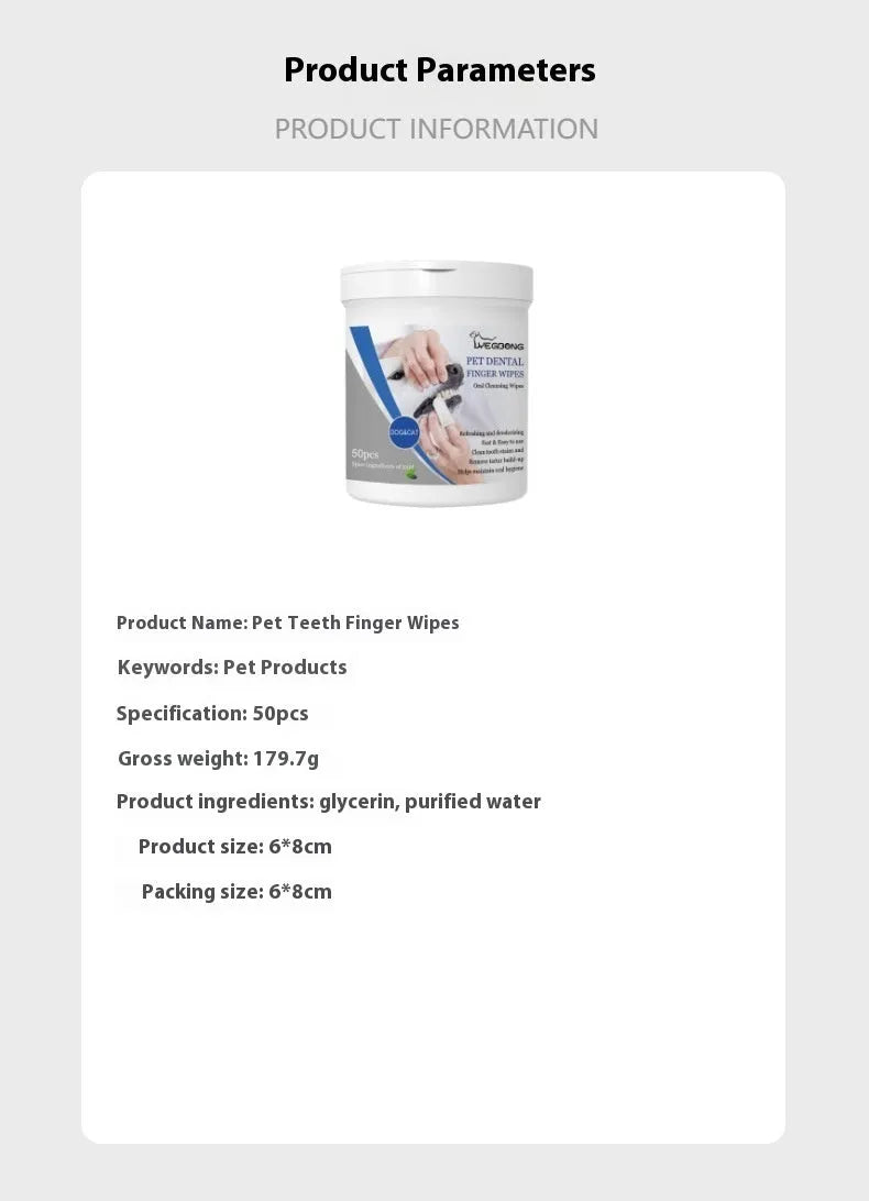 Can of 50 pet teeth cleaning finger wipes with finger stall for dog dental care