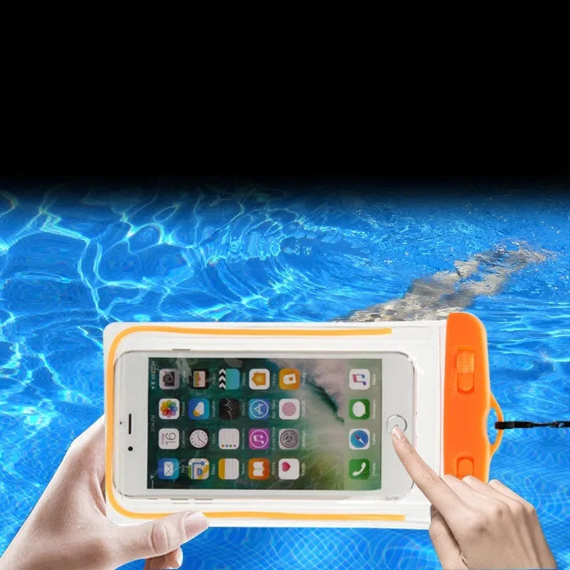 Transparent waterproof phone case in various colours showing phone screen visibility and touch functionality