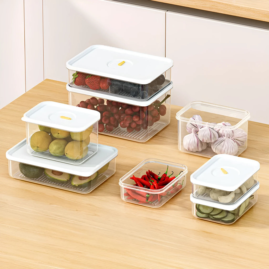 Home fashion food-grade plastic refrigerator storage box with airtight lid in simple style, available in four sizes
