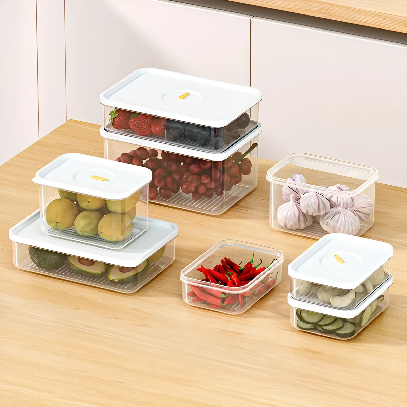 Home fashion food-grade plastic refrigerator storage box with airtight lid in simple style, available in four sizes