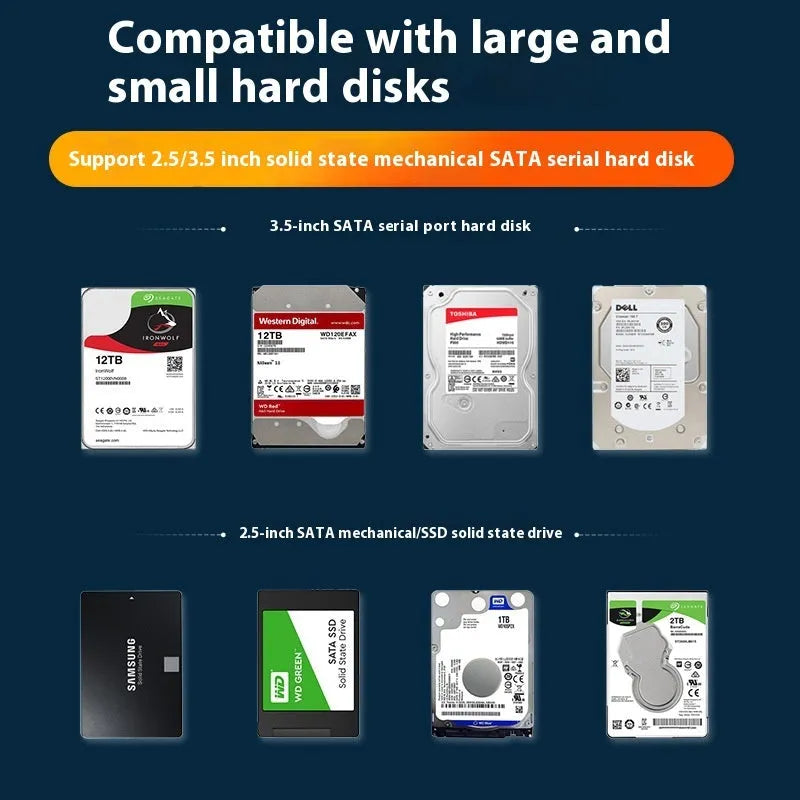 3.5 inch USB SATA hard drive enclosure with sliding cover and power supply in black and silver colour