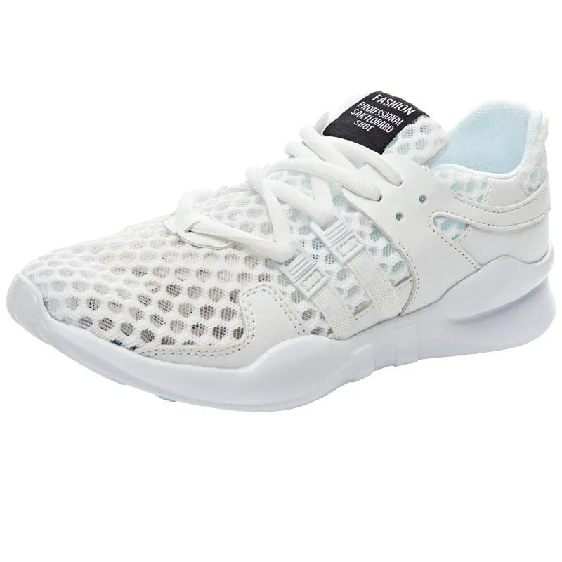 Casual mesh sneakers with hollow-out breathable design and round toe in black and white colour options