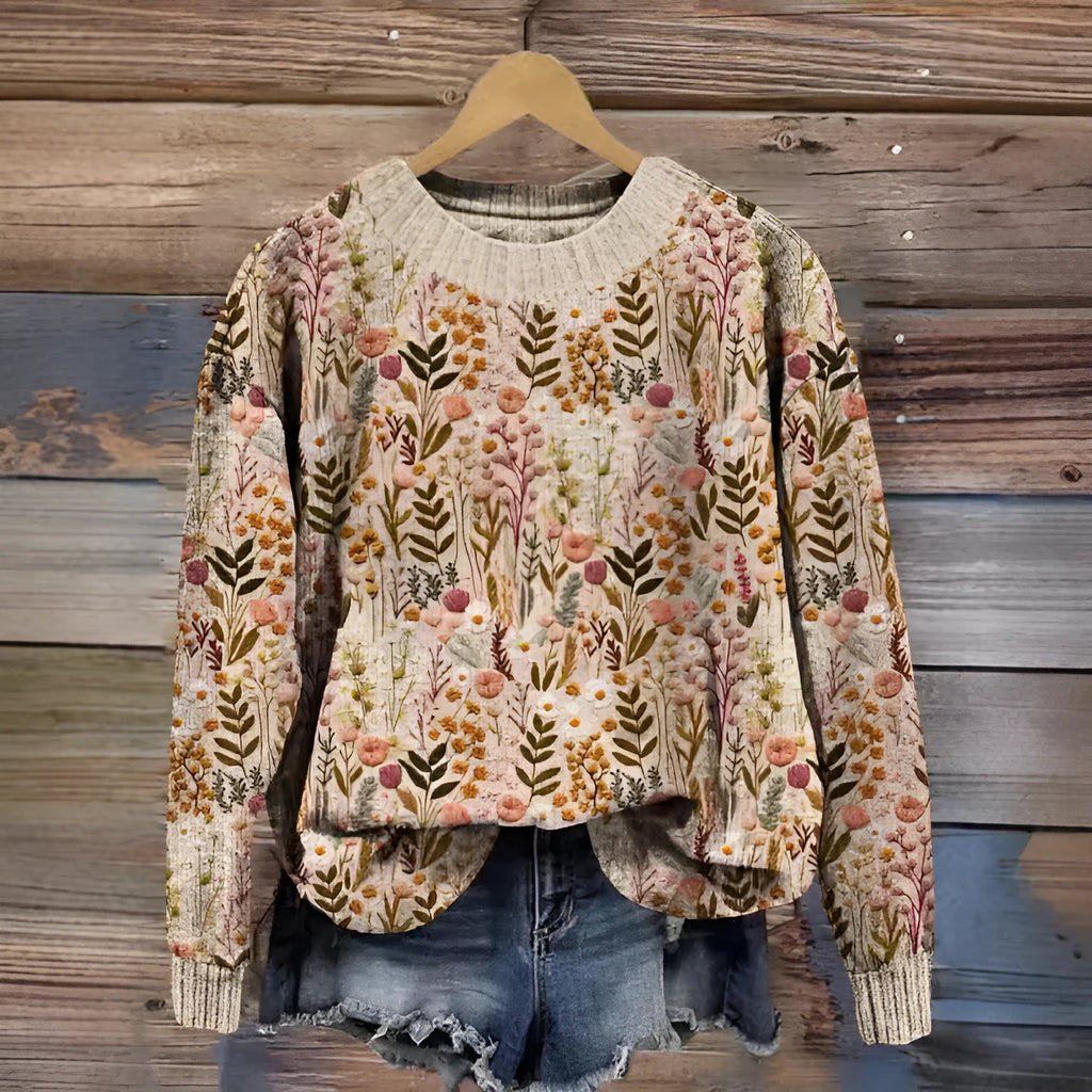 Women's round neck sweater with a small floral digital print pattern.