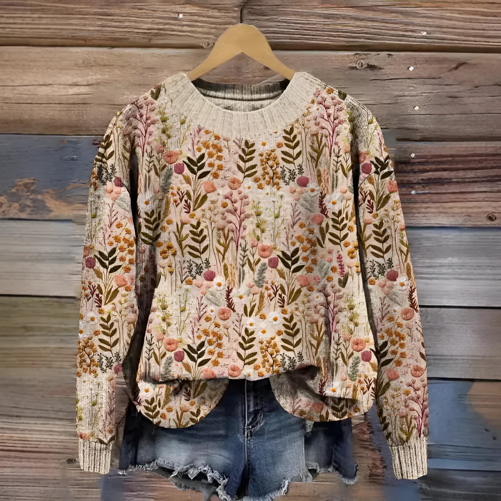 Women's round neck sweater with a small floral digital print pattern.