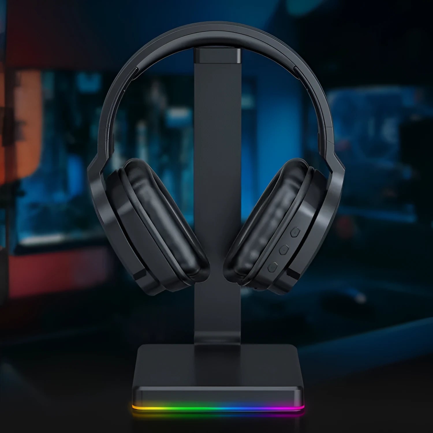 Luminous black wireless headphones with head-mounted design for gaming and music