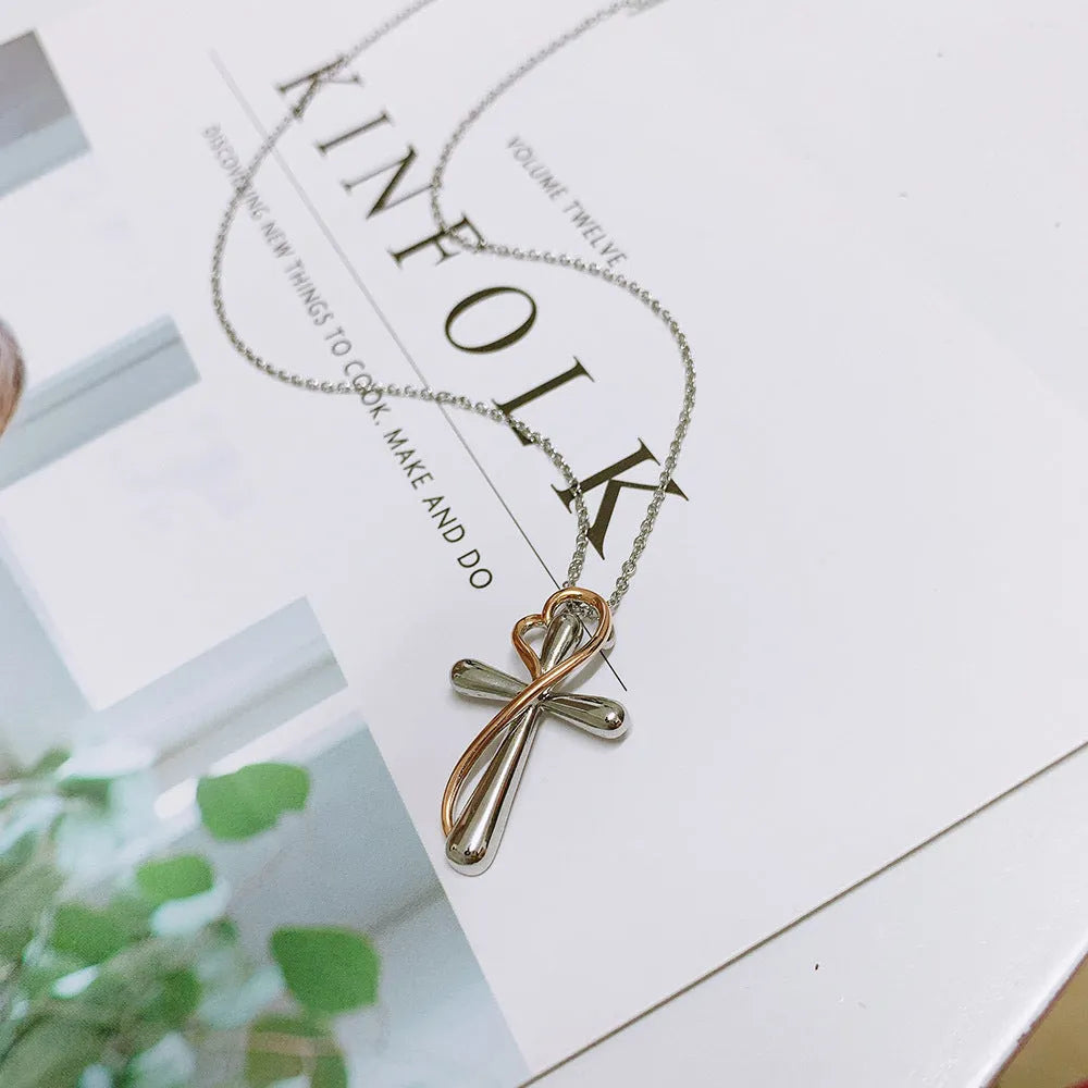 Heart-shaped cross necklace with color separation electroplating white gold colour copper pendant on adjustable chain