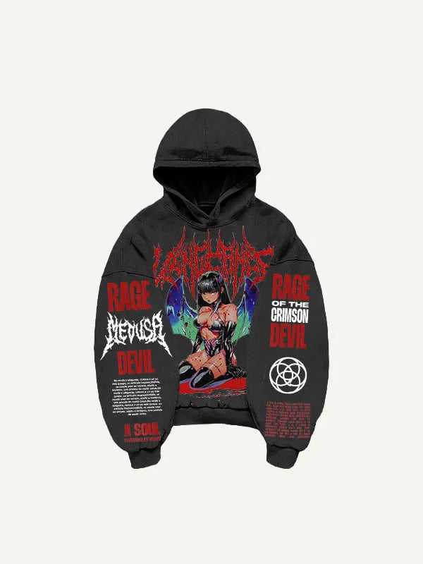 Men's printed hooded loose retro sweatshirt in black, long sleeve pullover style