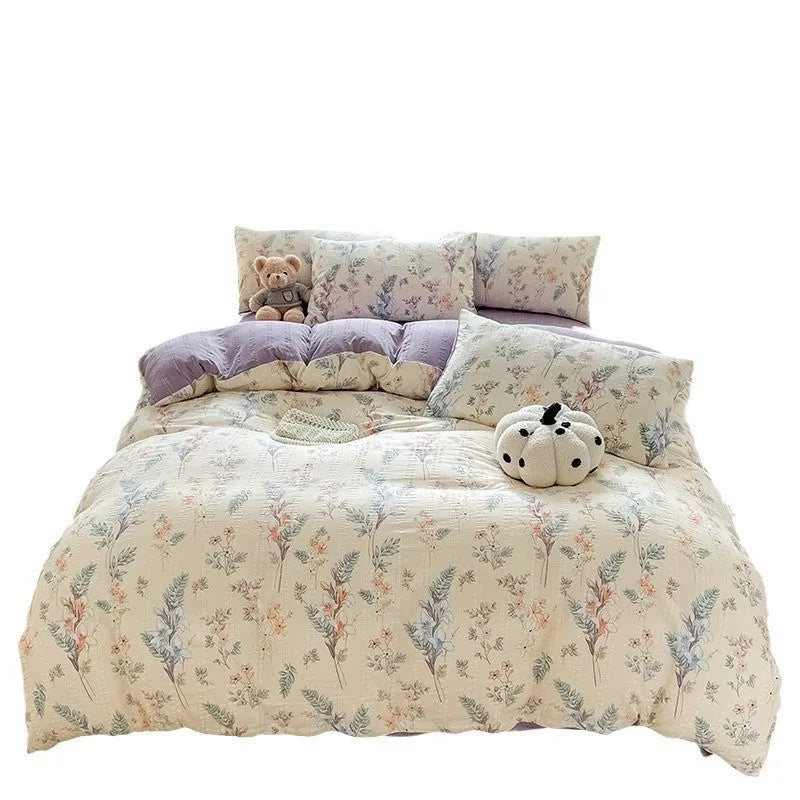Aerobic jacquard cloud yarn chemical fibre bedding set in multiple colours and sizes, including sheet, pillowcases, and quilt cover.