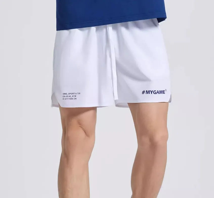Men's four-point training shorts in a polyester blend for fitness and sports, shown in blue, black, grey, or white.