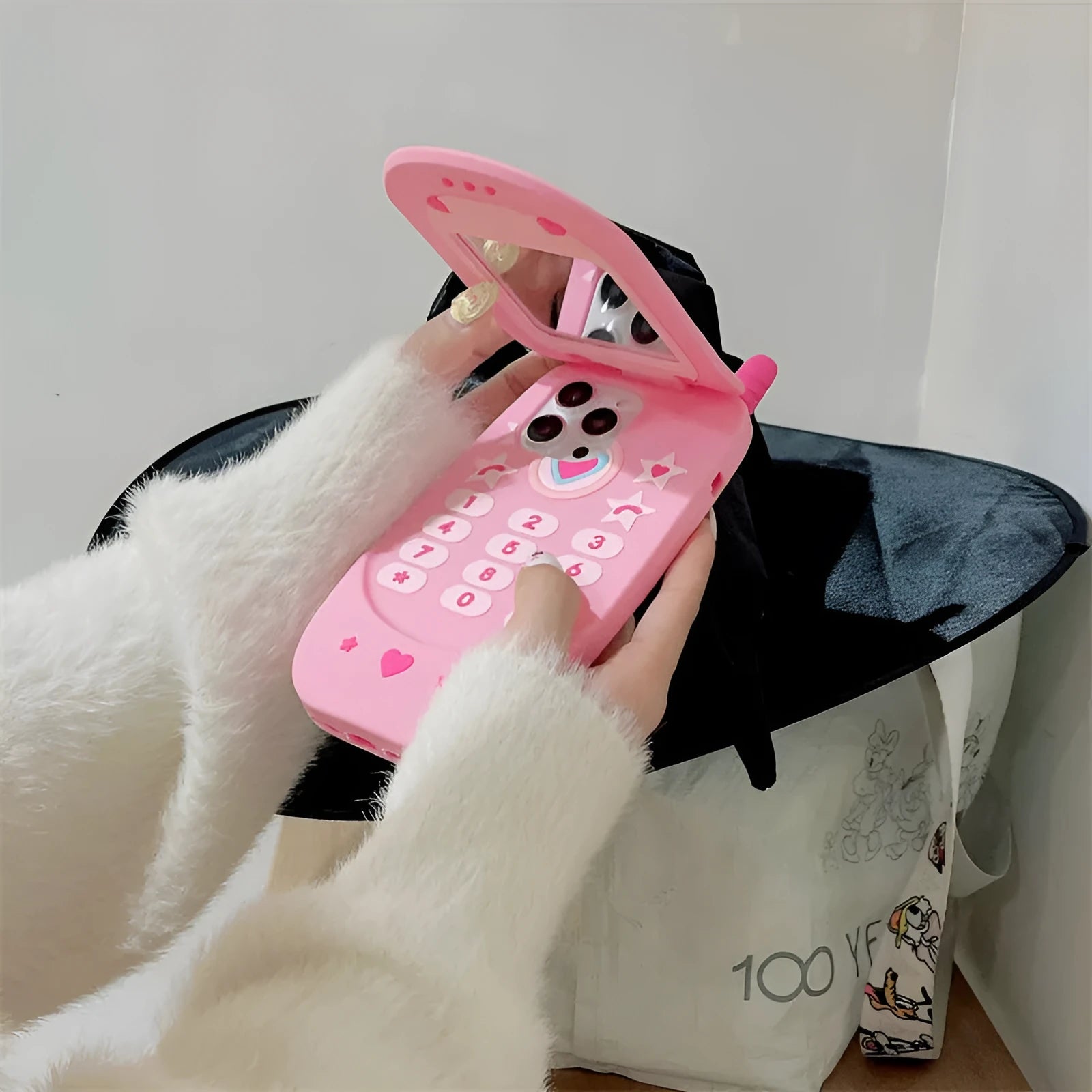 Light pink silicone flip phone shape mirror case for iPhone with cute cartoon design
