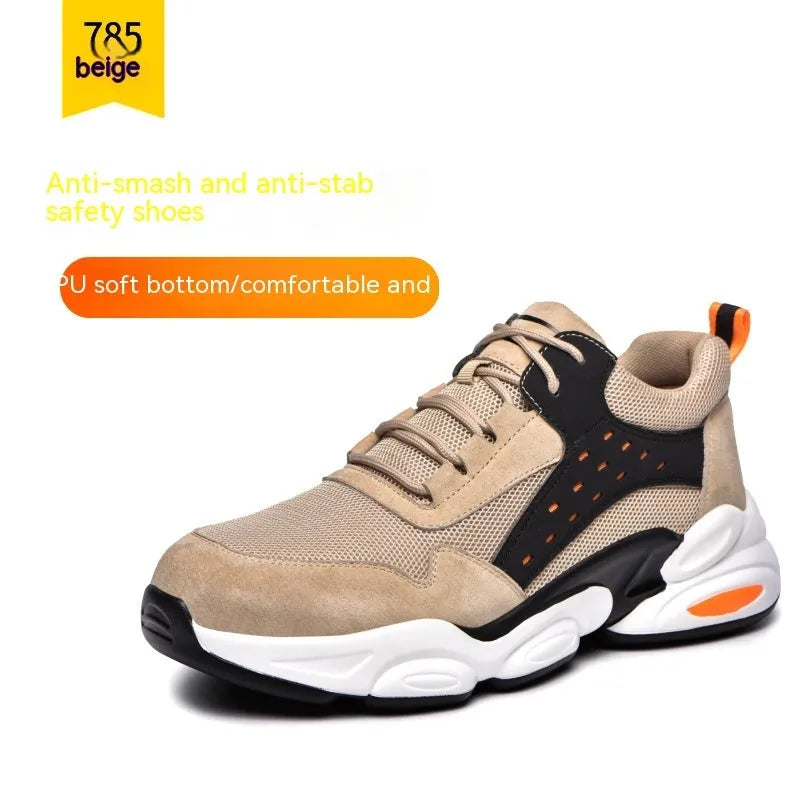Men's black breathable mesh steel toe labour protection shoes with PU sole on a work site background.