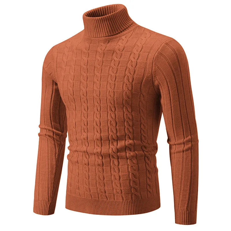 Men's slim fit chenille turtleneck pullover sweater with twist pattern in multiple colour options