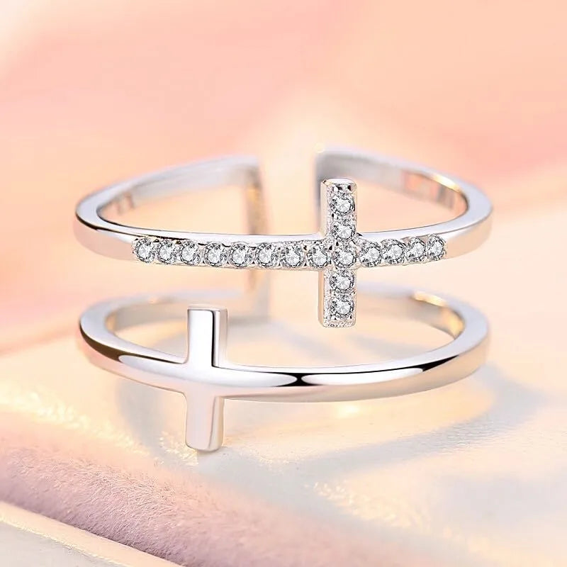Women's adjustable copper ring with geometric double cross design and zircon detailing