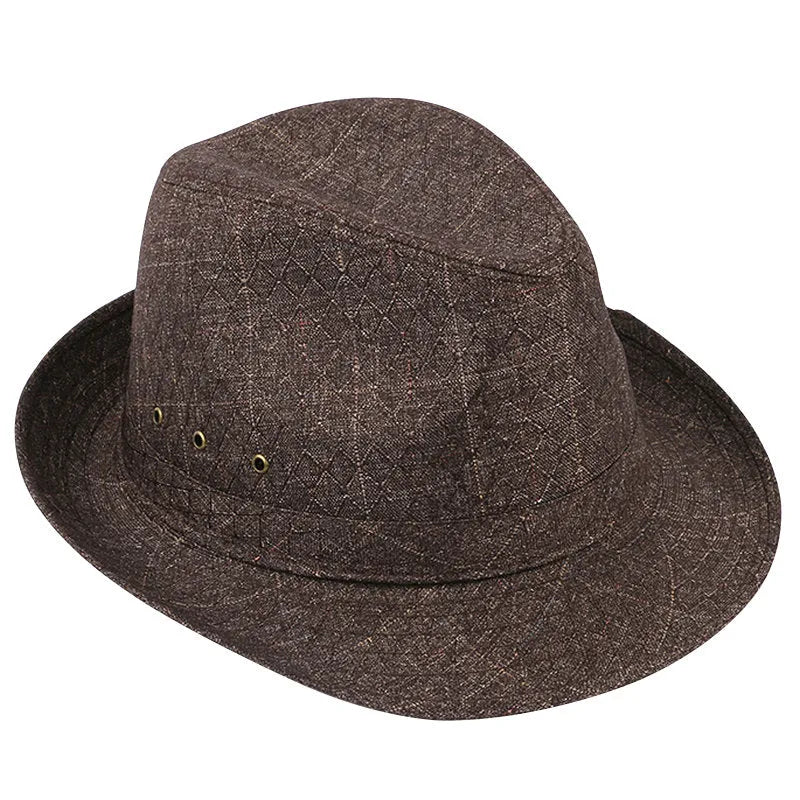 Men's classic fedora hat with thickened brim in grey suit material, shown from the side.
