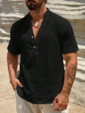 Men's short sleeve casual shirt in polyester blend fabric with stand collar