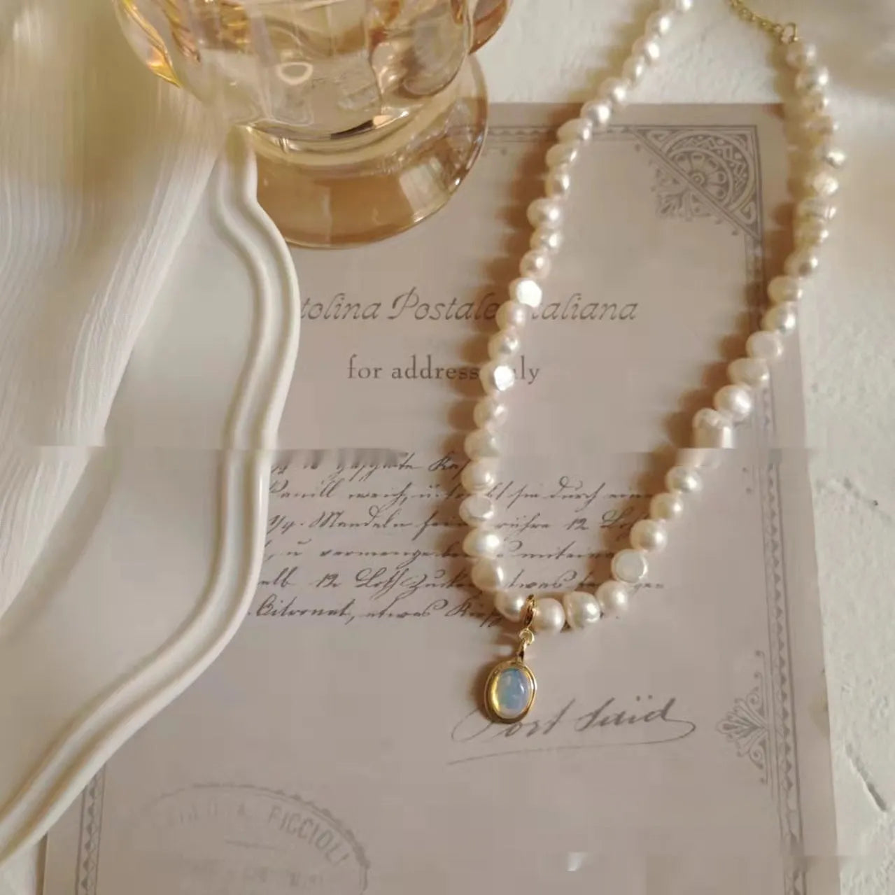 French Court vintage pearl necklace with geometric pendant on adjustable 21-50cm chain