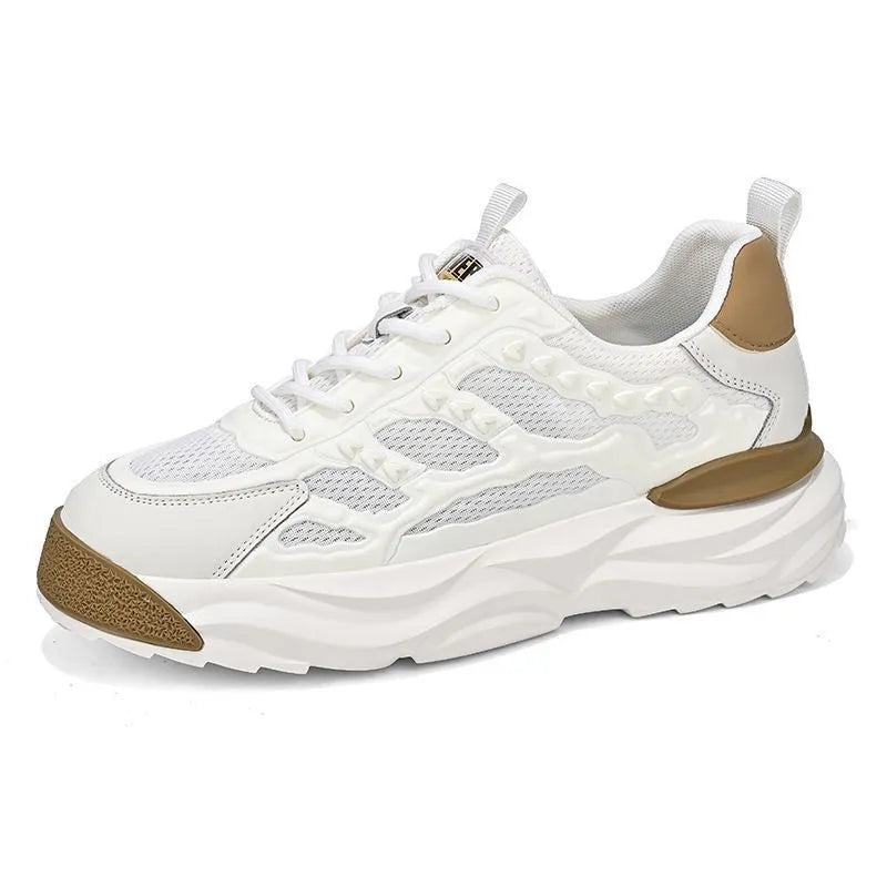 Men's breathable mesh shoes with PU mesh upper in round toe design, available in white and black