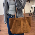 Coffee colour commuter retro large capacity PU tote bag with double shoulder straps and sewing line detail