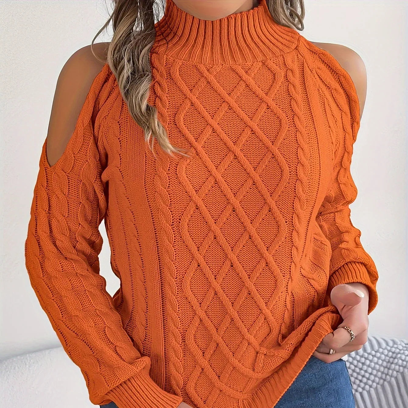 Women's casual acrylic sweater with strapless design, twisted pattern, half-high collar, and lantern sleeves