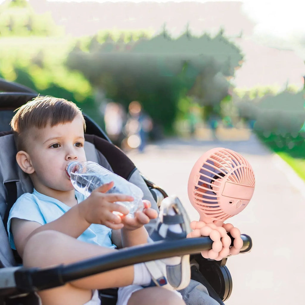 Pink portable stroller fan with octopus design, flexible clip, and LED night light