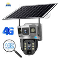 V380 outdoor security camera with monitor showing three-screen display and solar panel accessory