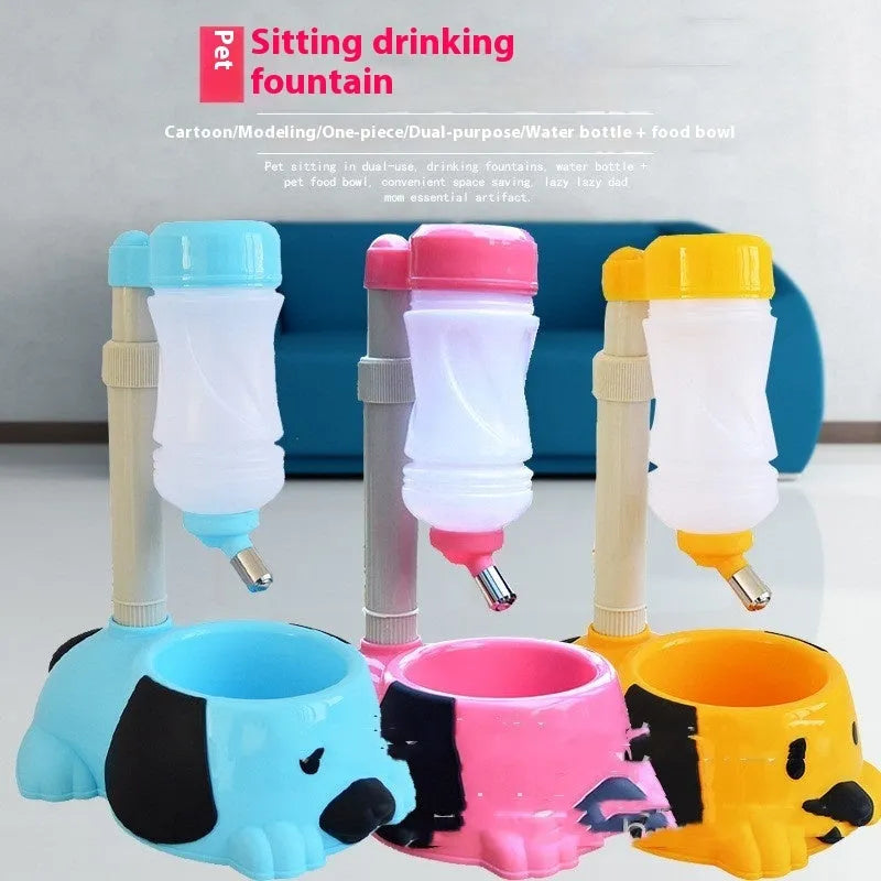 Adjustable rod-lift pet drinking bowl in blue colour showing height adjustment mechanism