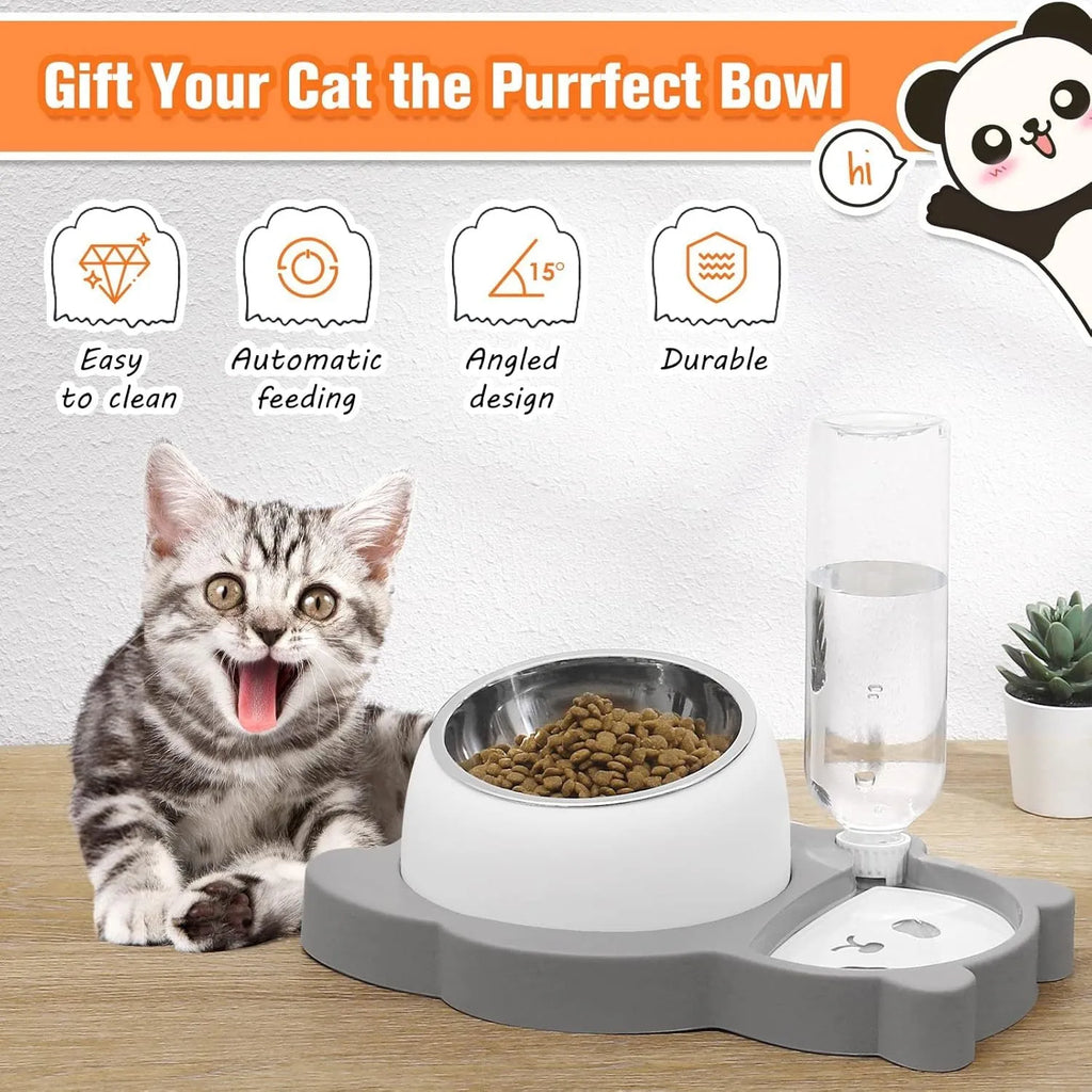 Elevated panda-shaped pet feeding bowl set with tilted stainless steel bowl and automatic water dispenser bottle