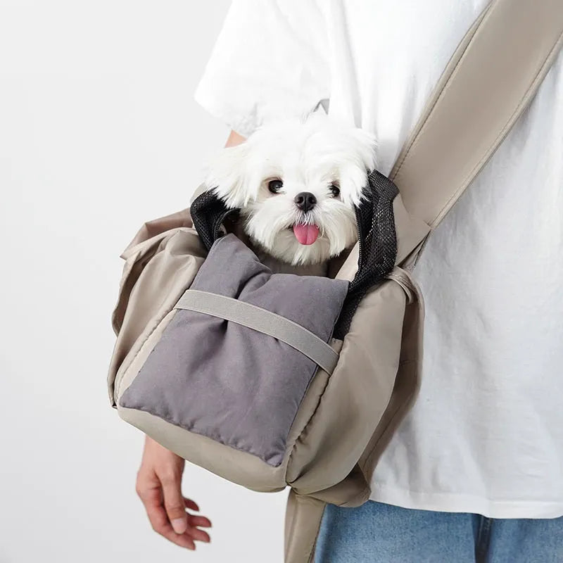 Apricot-coloured cloth pet handbag for small dogs and cats showing dimensions of 41cm by 16cm by 28cm