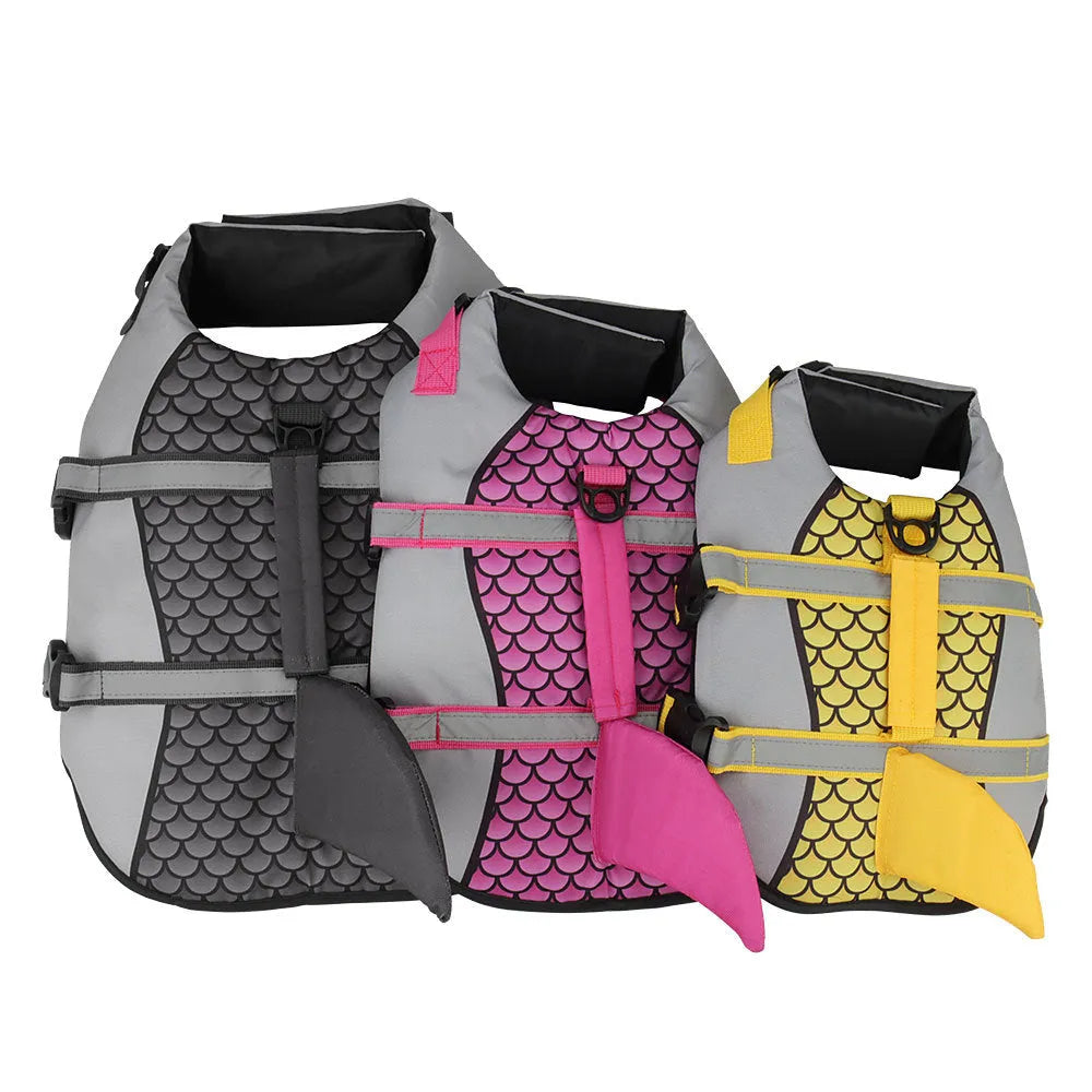 Dog life jacket vest in blue with back lift handle and metal leash ring, ripstop Oxford cloth and EPE filling.
