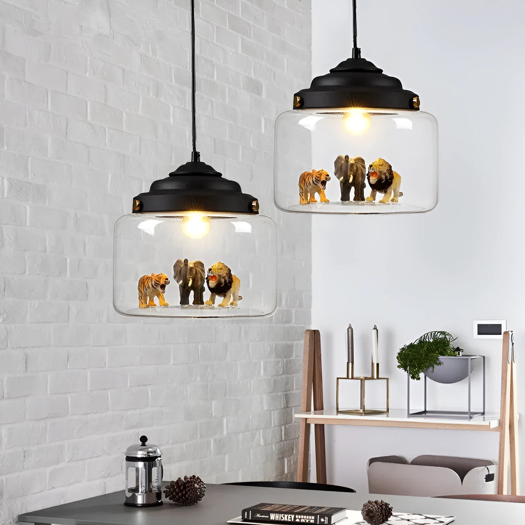 Animal cartoon glass chandelier in Nordic style with iron droplight base, available in Moon White and Charming Black