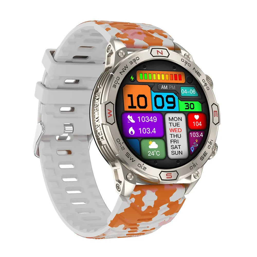 Sports smartwatch with AMOLED display in black, orange, or camouflage colours showing fitness metrics