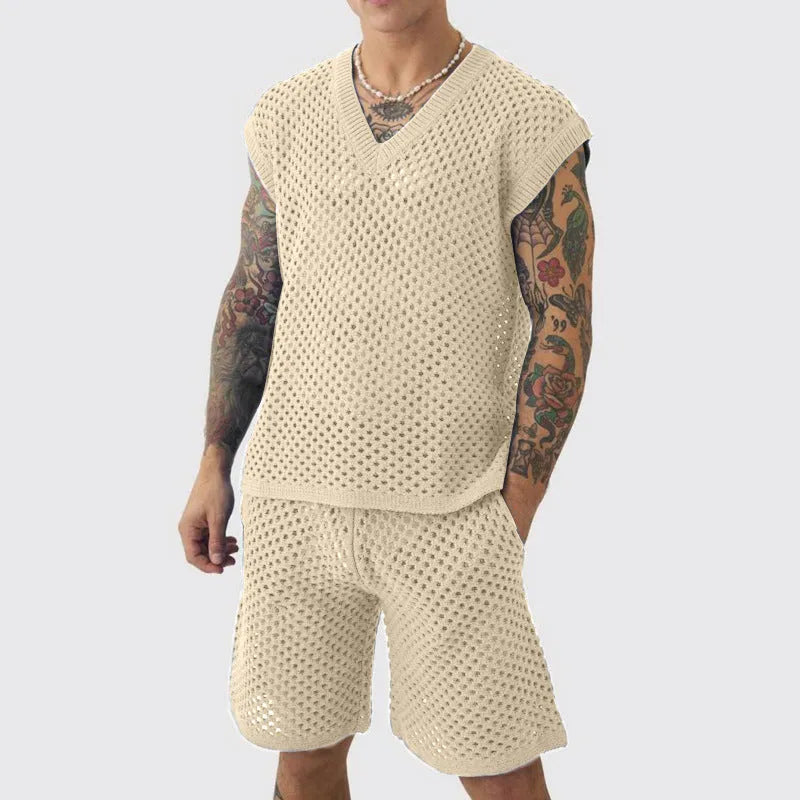 Men's blue V-neck sleeveless vest with matching shorts sports suit set