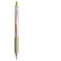 Bullet-tip gel pen with 0.5mm line width, black ink, plastic shell, shown in blue, green, grey, pink, and yellow options