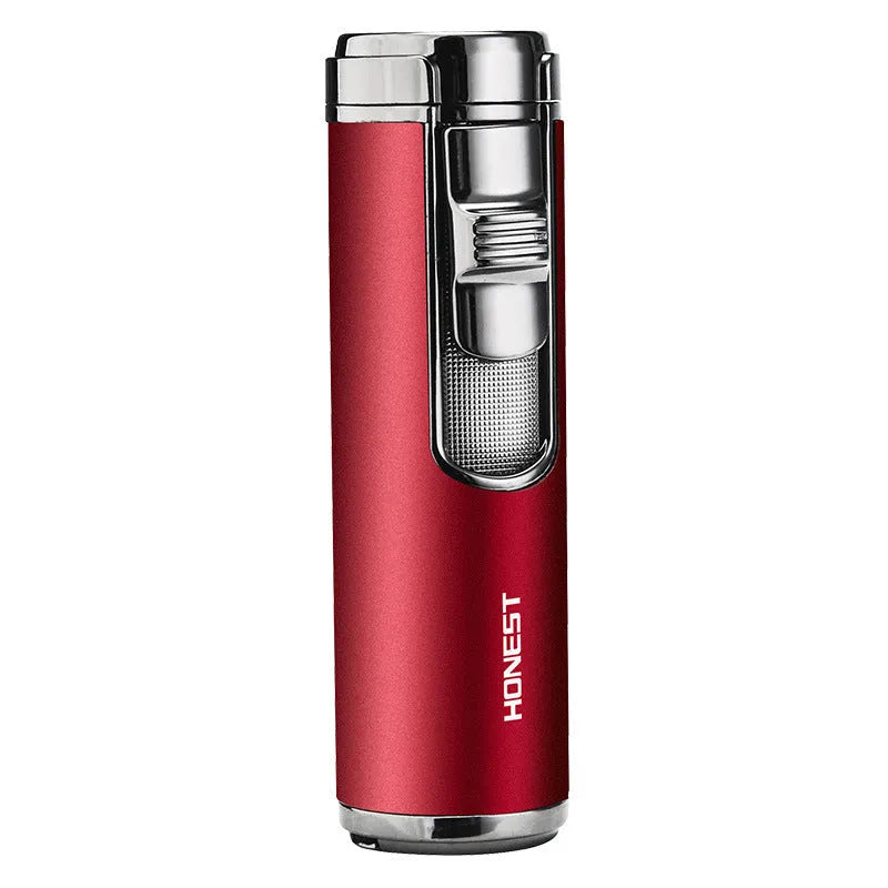 Cylindrical zinc alloy refillable cigar lighter with four-straight flame in silver colour