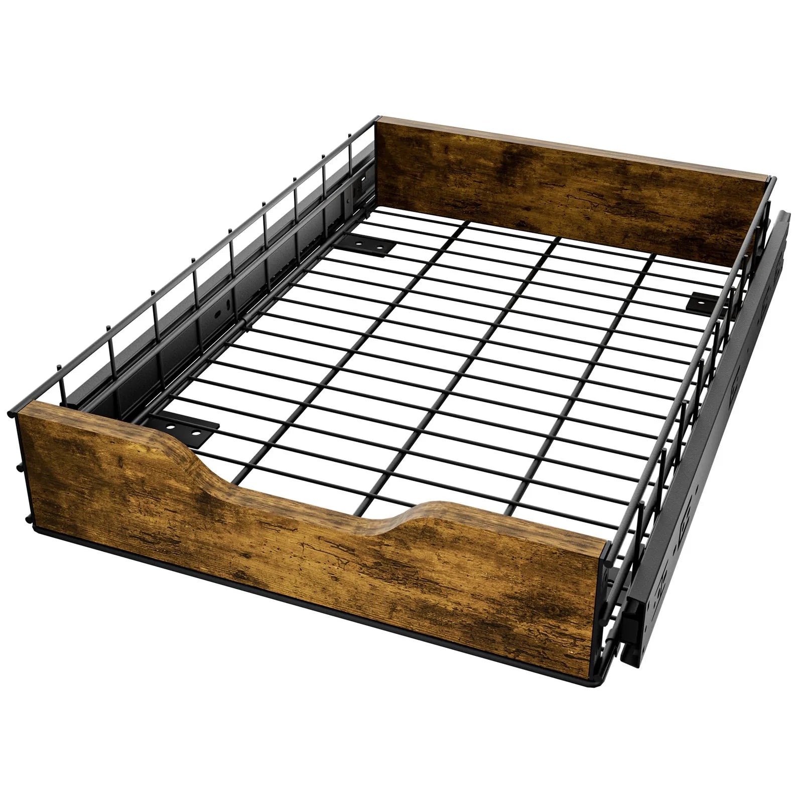Black wooden pull-out storage basket drawer with iron frame for kitchen pantry organisation