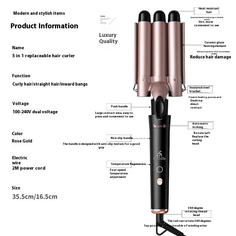Rose gold tube replacement hair curler with LCD screen display and five styling functions