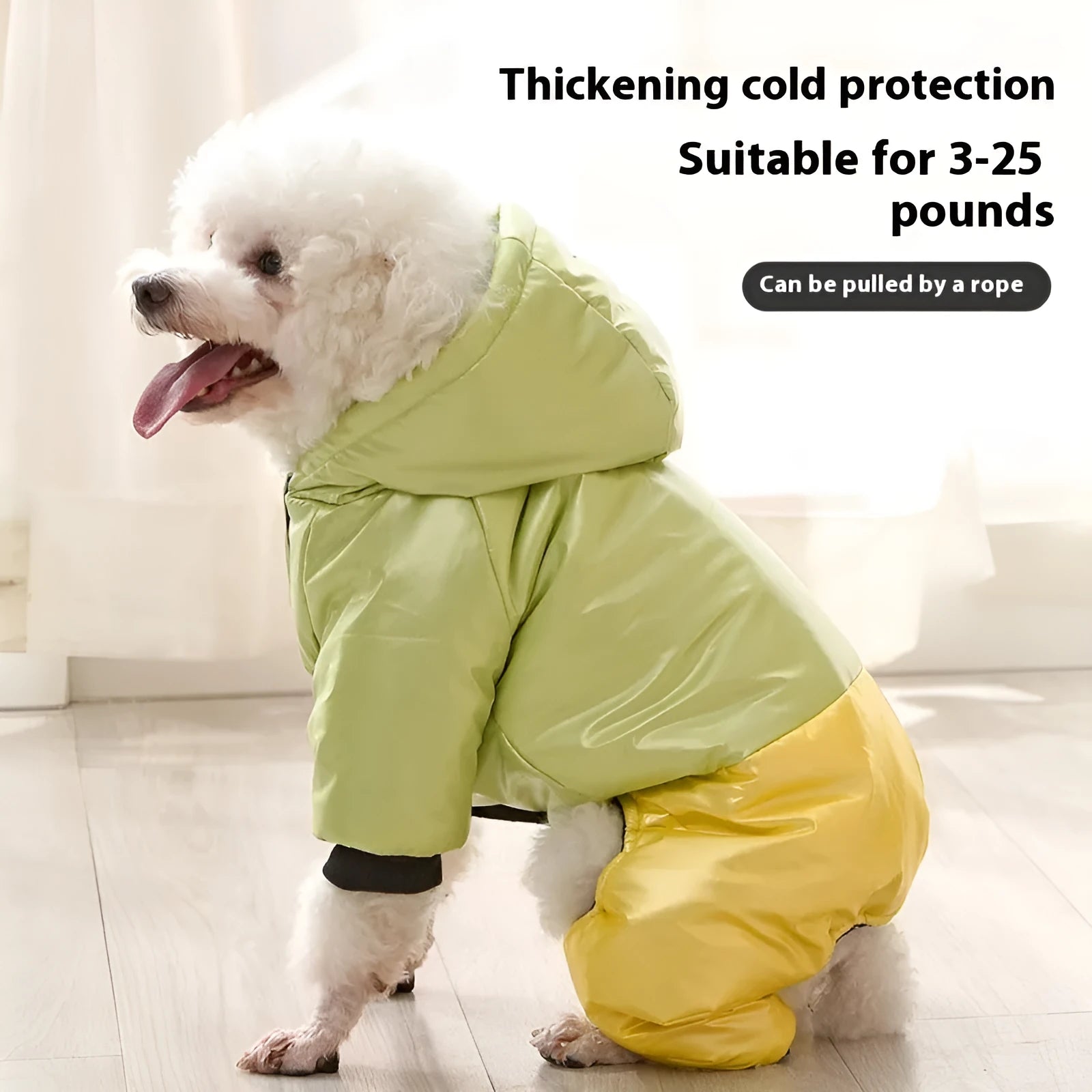 Green waterproof dog cotton-padded coat with four-legged design for medium-sized dog