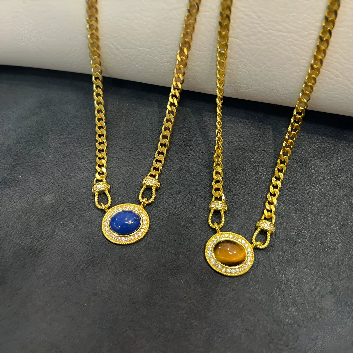 Women's geometric lapis lazuli pendant necklace on copper Cuban chain, collarbone length