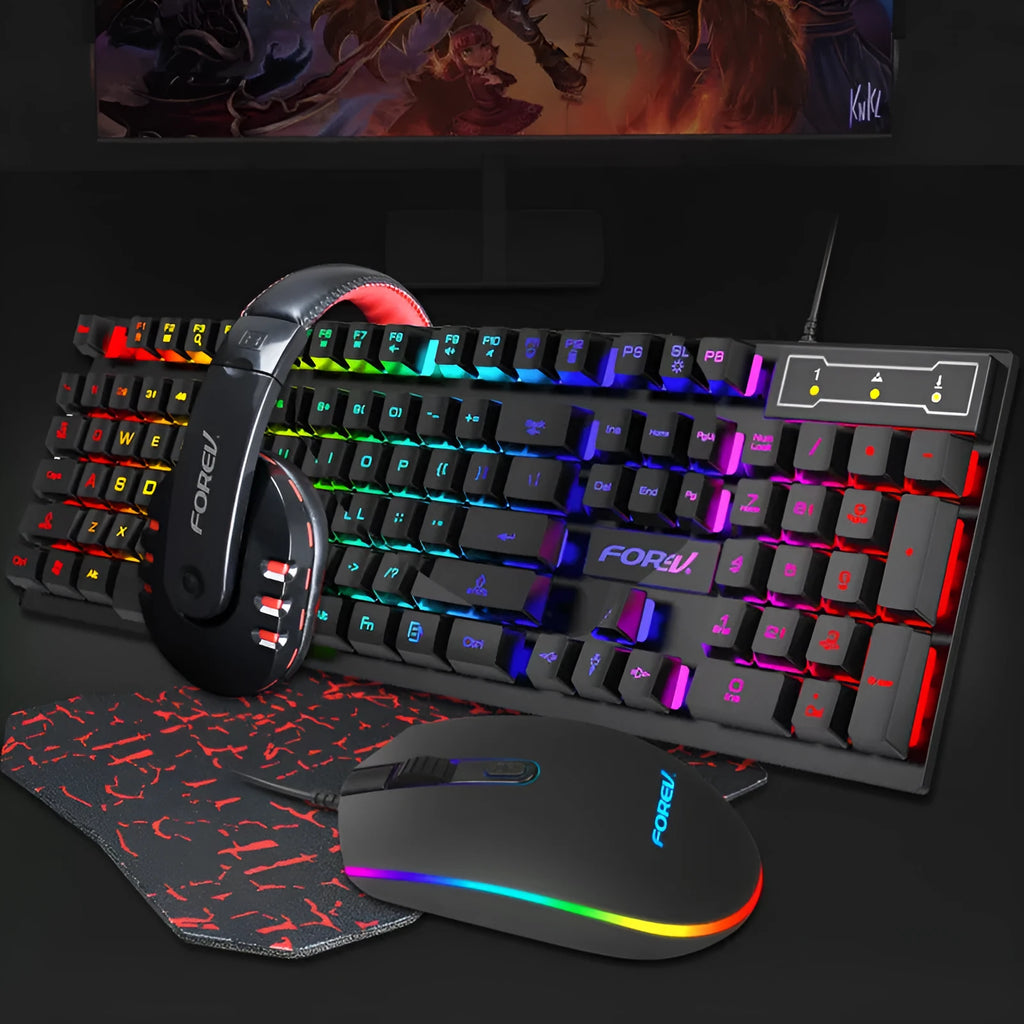Four piece wired keyboard mouse headset set with mouse pad on desk
