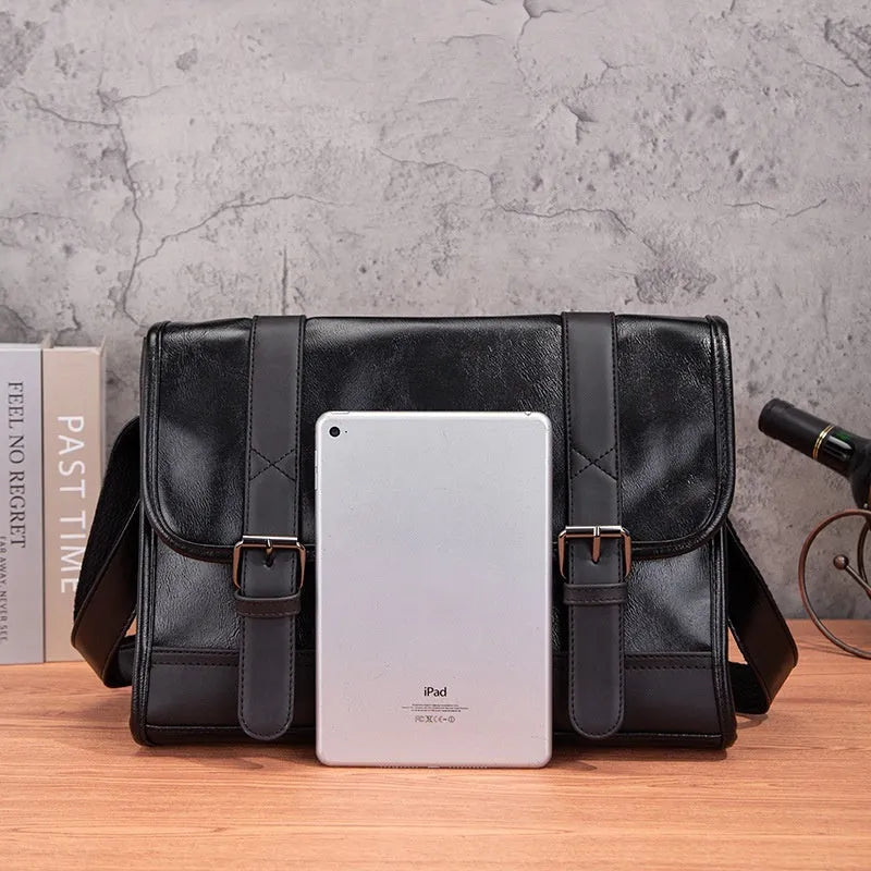 Black Korean-style men's commuter backpack with anti-theft function and PU material construction.