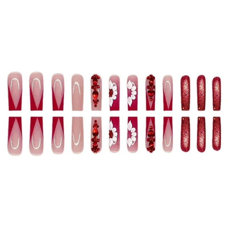 Artificial nails with floral patterns and red diamond designs in European square long style