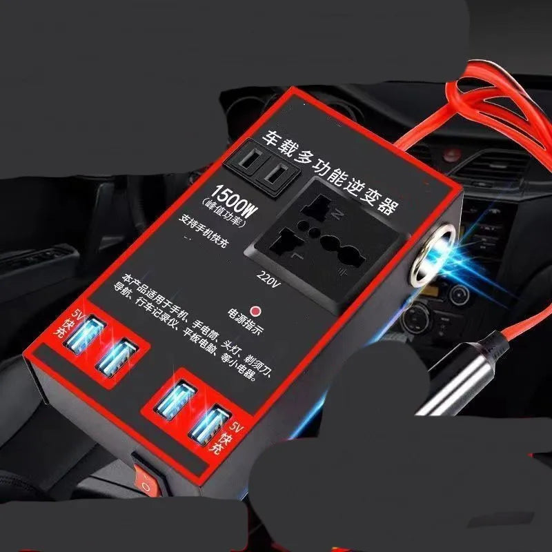 Black automotive power converter transforming 12V 24V car power to 220V with socket and USB charging ports
