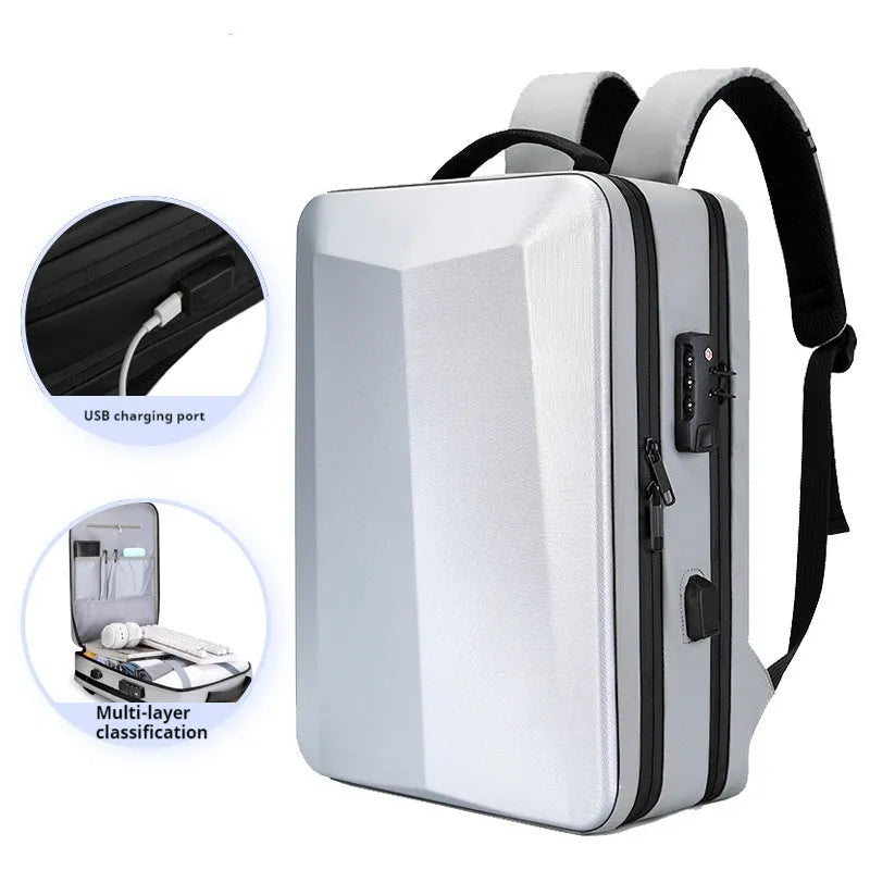 Men's business backpack in black or silver white with ABS PC construction and curved shoulder straps