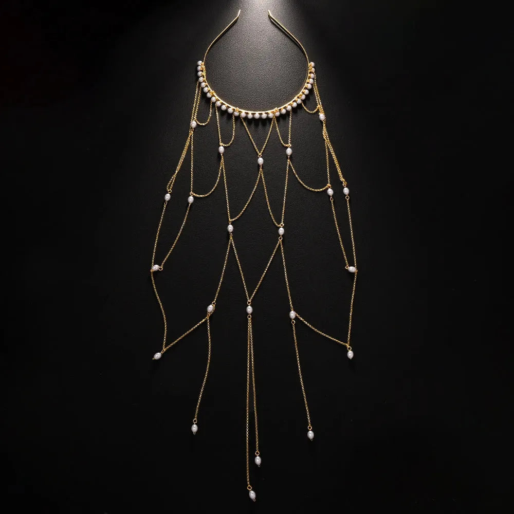 Gold or silver metal hair chain with tassel details and pearl accents for women's hairstyles