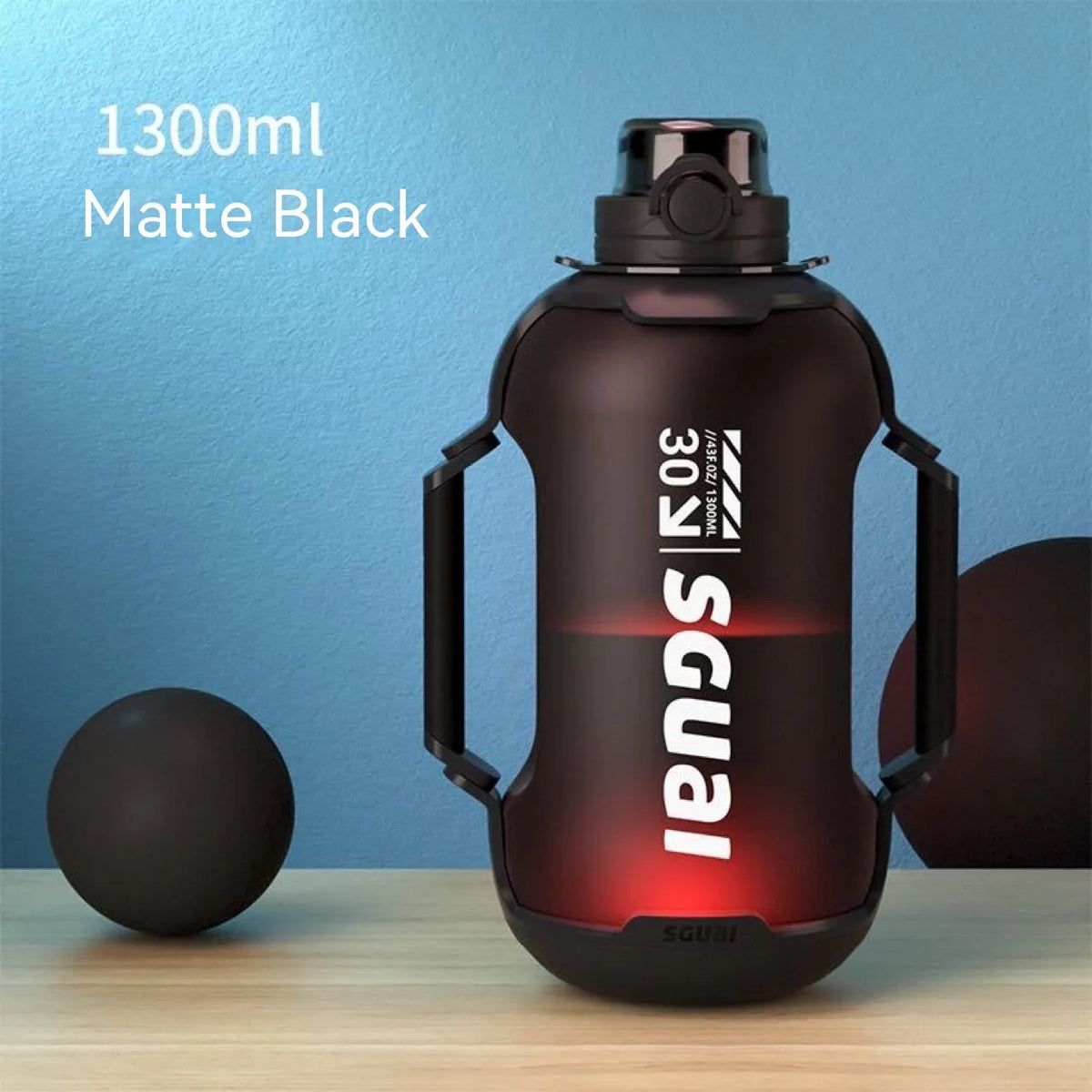 Smart Sports Bottle T30 in Matte Black with 1300ml capacity, wireless charging coaster, and lifting rope on a gym background