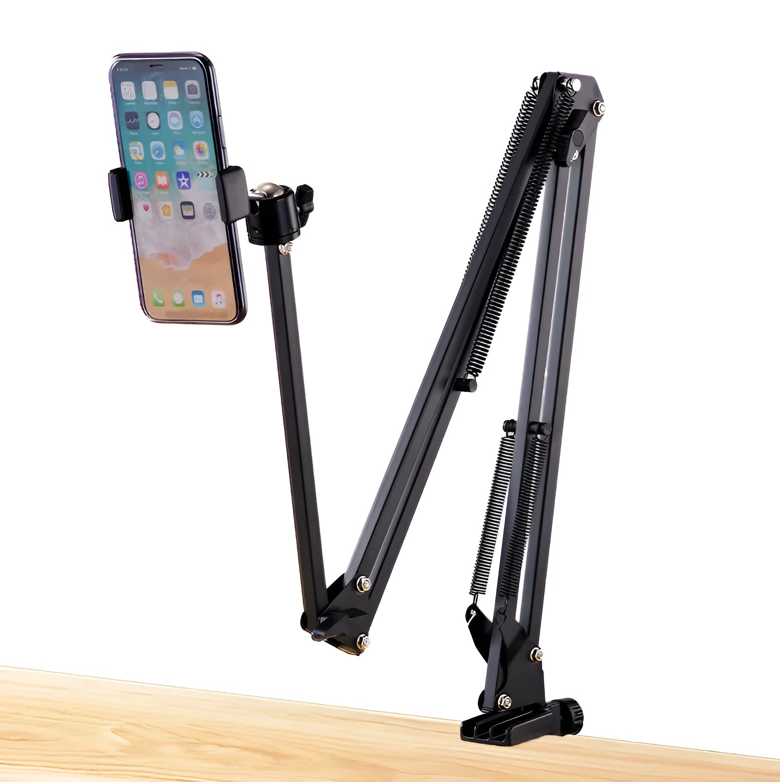 Black foldable metal desktop cantilever bracket holding a tablet, showing adjustable arm and clamp.